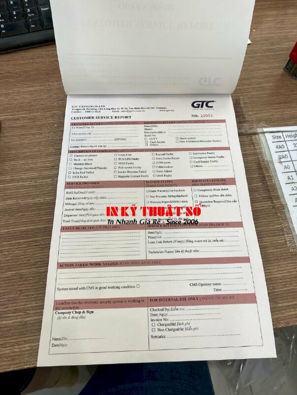 In phiếu giấy song ngữ Việt - Anh Customer Service Report - INKTS342