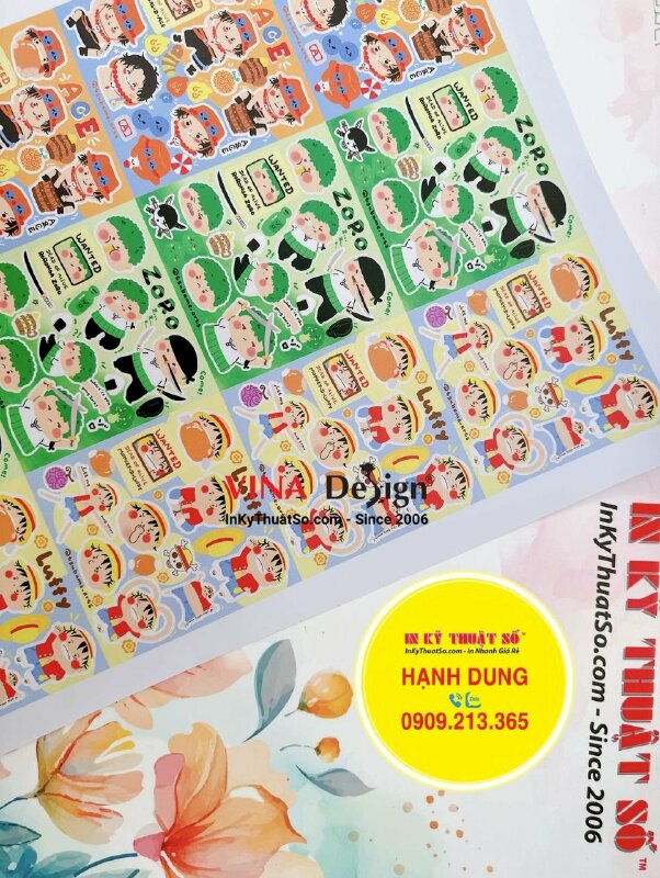 In sticker chibi One Piece Luffy Zoro Ace, nhãn dán Decal sữa, mực dầu, cán mờ, có bế - INKTS1196