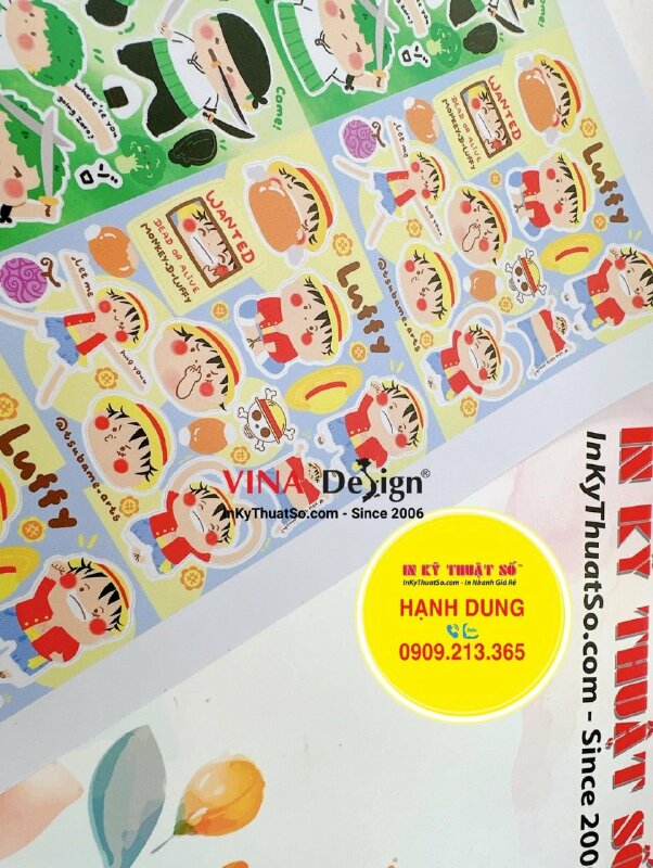 In sticker chibi One Piece Luffy Zoro Ace, nhãn dán Decal sữa, mực dầu, cán mờ, có bế - INKTS1196