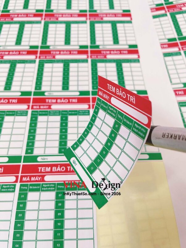 In tem bảo trì, bảo hành thang máy định kỳ, in tem decal giấy, cán mờ, bế tem - INKTS3519