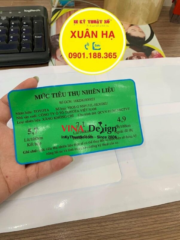 In tem mức tiêu thụ nhiên liệu xe ô tô, in tem Decal dán kính ngược - INKTS1225