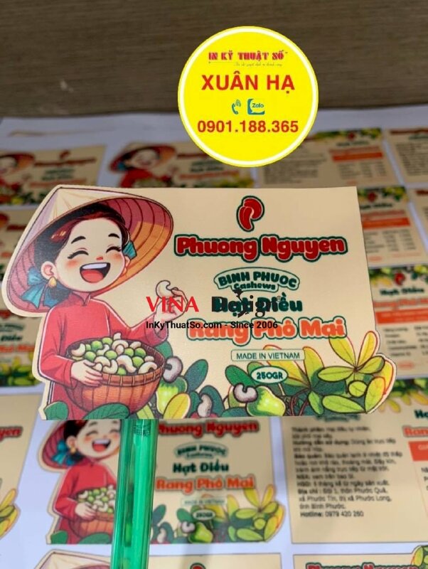 In tem nhãn hạt điều, tem decal sữa dầu mờ, cán màng bóng, bế tem theo đường viền - INKTS1151