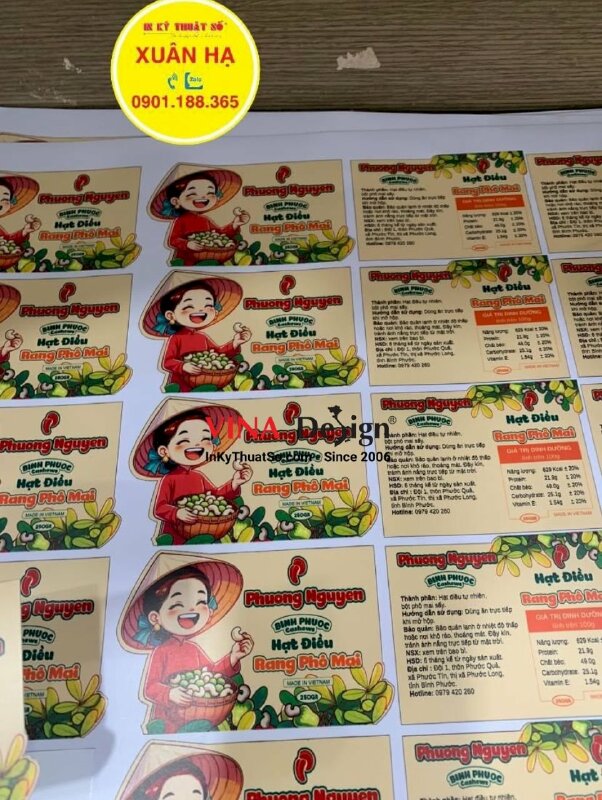 In tem nhãn hạt điều, tem decal sữa dầu mờ, cán màng bóng, bế tem theo đường viền - INKTS1151