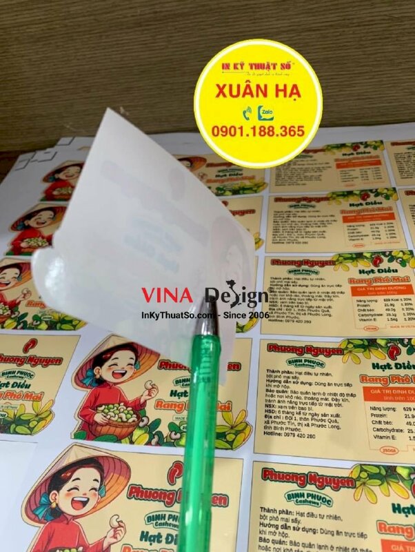 In tem nhãn hạt điều, tem decal sữa dầu mờ, cán màng bóng, bế tem theo đường viền - INKTS1151