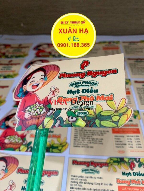In tem nhãn hạt điều, tem decal sữa dầu mờ, cán màng bóng, bế tem theo đường viền - INKTS1151