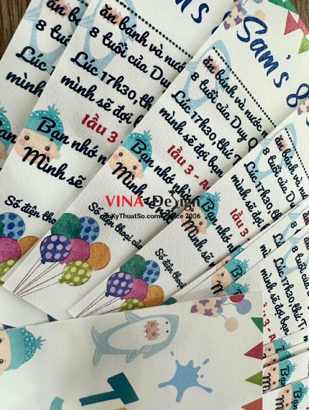 In thiệp mời sinh nhật 8 tuổi cho bé, thiệp in giấy mỹ thuật Koehler K04 - INKTS985