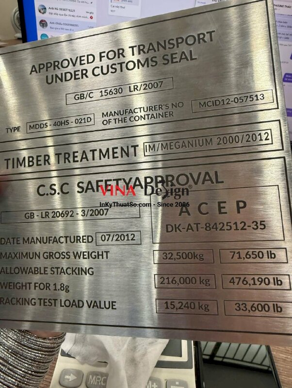 In UV lên inox xước bạc làm tấm bảng CSC (Container Safety Convention), tấm chứng nhận an toàn cho container - INKTS3451