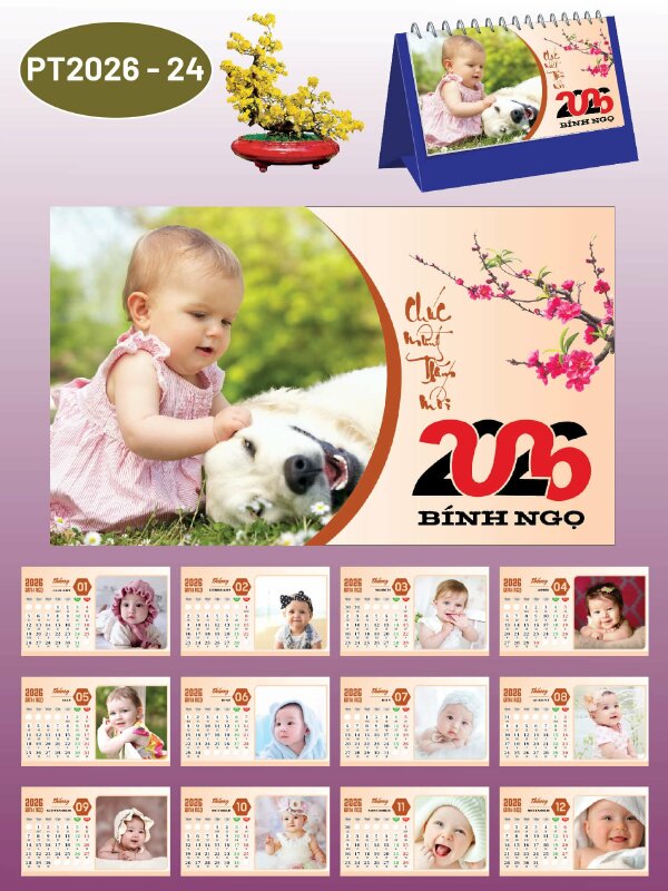 Đặt in lịch để bàn chữ A thiết kế chủ đề Em Bé Baby Cute - Mã PT2026-24 - INKTS2328