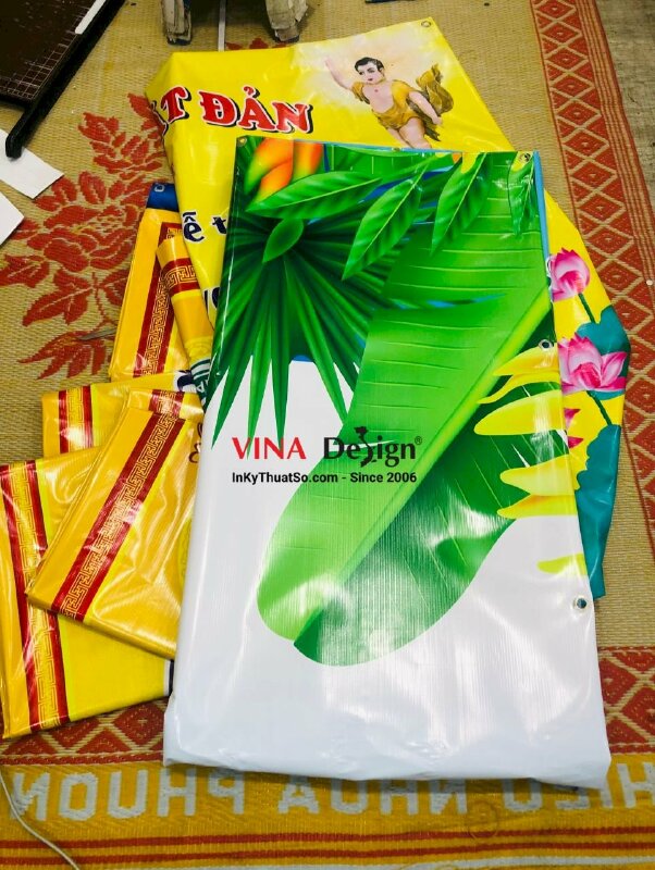 In biển bạt gian hàng phục vụ nước cho nhóm thiện nguyện Phật giáo, banner treo chất liệu bạt Hiflex - INKTS3104