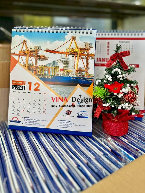 In lịch để bàn 19 x 22cm, lịch bàn chữ A gáy lò xo, in lịch Tết công ty hàng hải - INKTS1019