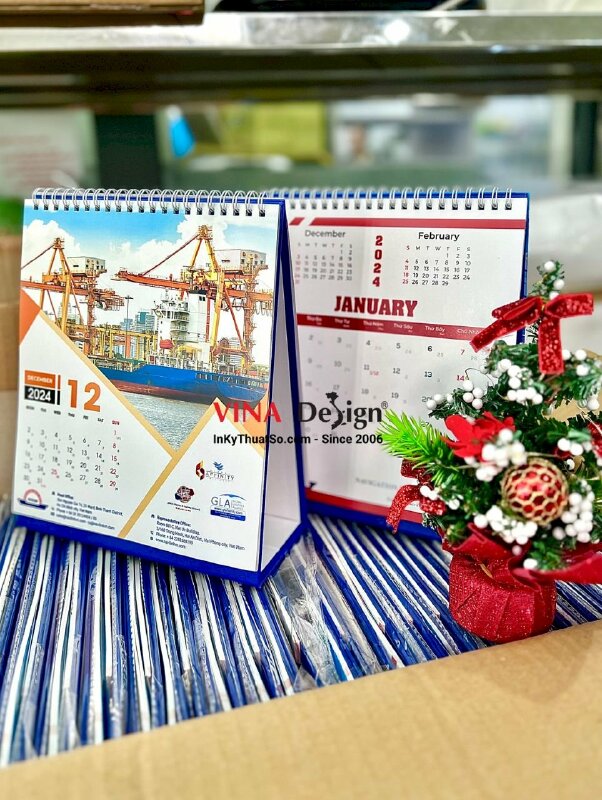 In lịch để bàn 19 x 22cm, lịch bàn chữ A gáy lò xo, in lịch Tết công ty hàng hải - INKTS1019