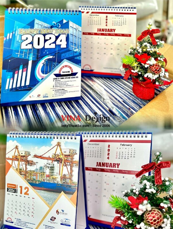 In lịch để bàn 19 x 22cm, lịch bàn chữ A gáy lò xo, in lịch Tết công ty hàng hải - INKTS1019