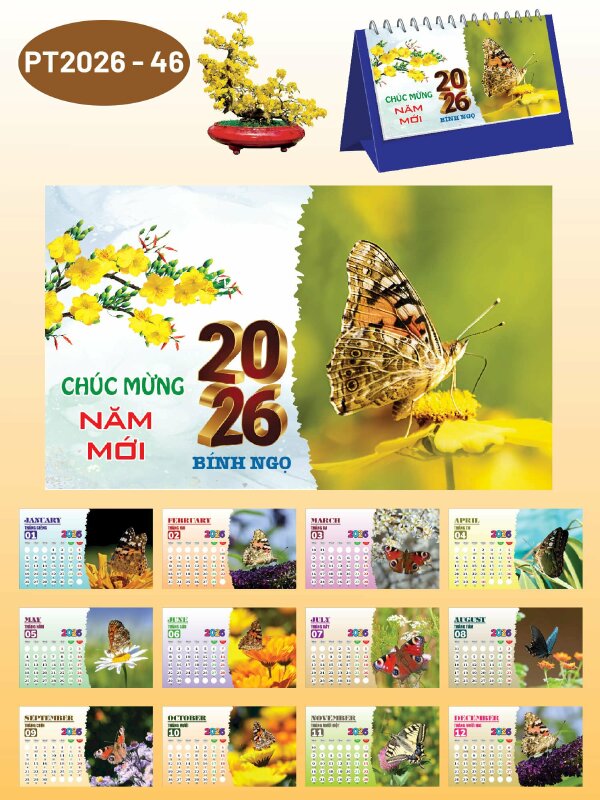 In lịch để bàn TP HCM thiết kế chủ đề Cánh Bướm Bên Hoa - Mã PT2026-46 - INKTS2350