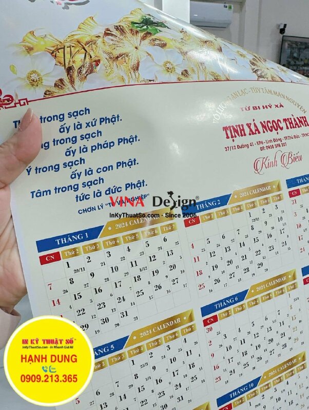 In lịch Phật giáo, in lịch 1 tờ 40cm x 60cm C250gsm 1 mặt offset 500 cuốn, nẹp thiếc, in lịch cho tịnh xá - INKTS223