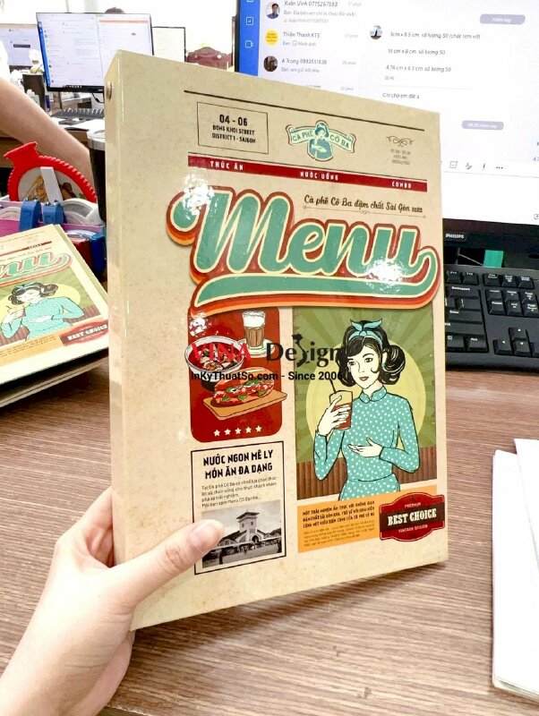 In menu bìa còng, menu thức ăn quán cà phê vintage Cô Ba Sài Gòn - INKTS503