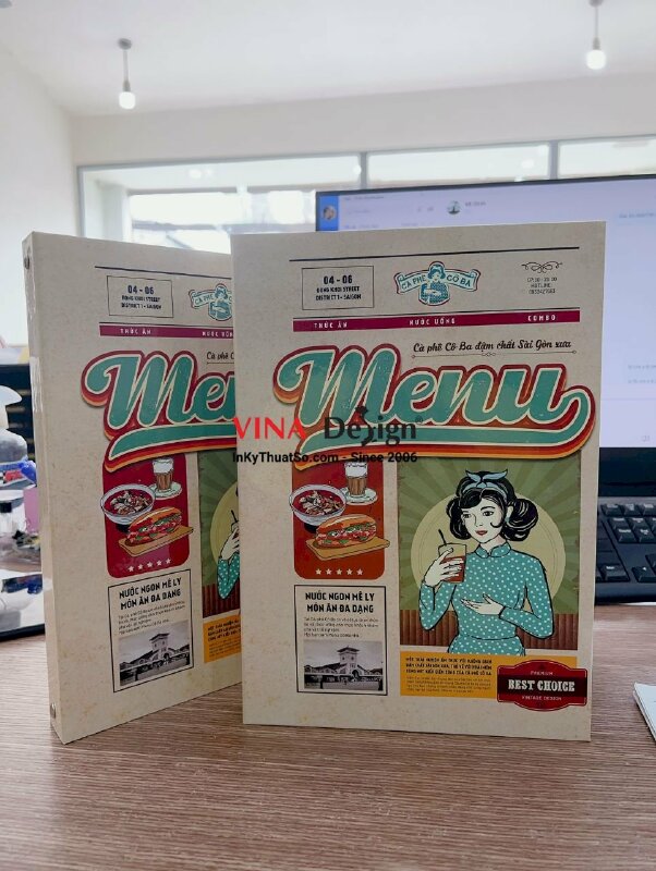 In menu bìa còng, menu thức ăn quán cà phê vintage Cô Ba Sài Gòn - INKTS503