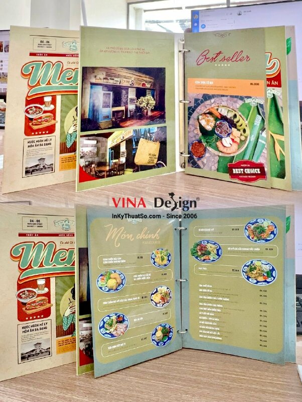 In menu bìa còng, menu thức ăn quán cà phê vintage Cô Ba Sài Gòn - INKTS503