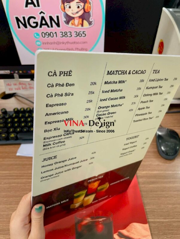 In menu đẹp cho quán cà phê, formex khổ A4 cầm tay gọn nhẹ, chống thấm, bo tròn 4 góc - INKTS3561