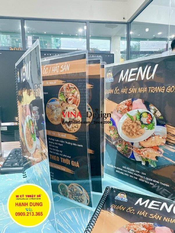 In menu quán ốc hải sản Nha Trang, cuốn menu giấy ép plastic - INKTS976