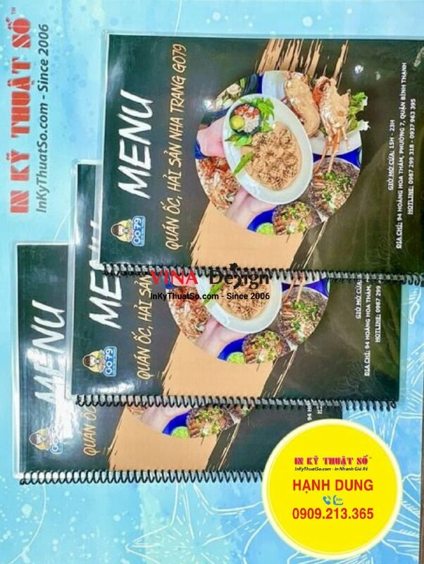 In menu quán ốc hải sản Nha Trang, cuốn menu giấy ép plastic - INKTS976