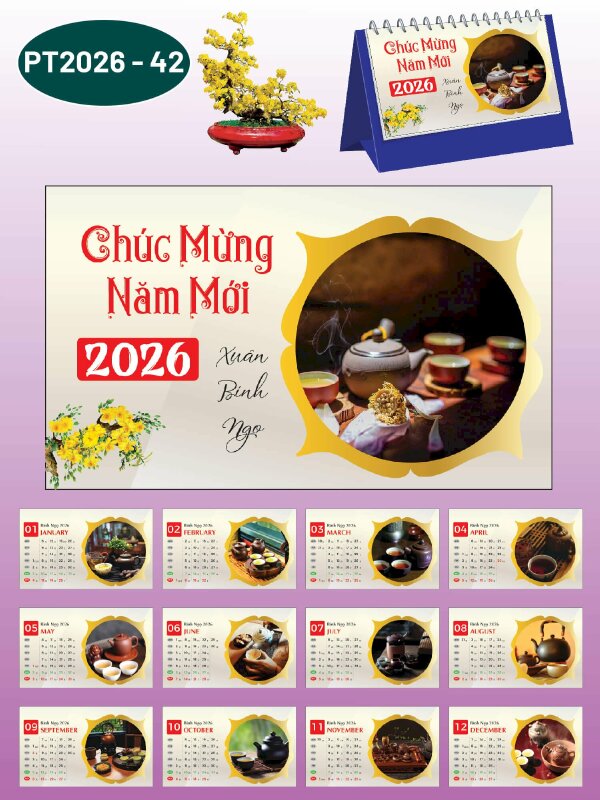 In quyển lịch để bàn chữ A thiết kế chủ đề Thưởng Trà - Mã PT2026-42 - INKTS2346