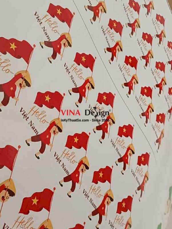 In sticker Tết Trung thu, sticker cậu bé cầm cờ Hello Việt Nam, tem Decal sữa có bế theo viền - INKTS1994