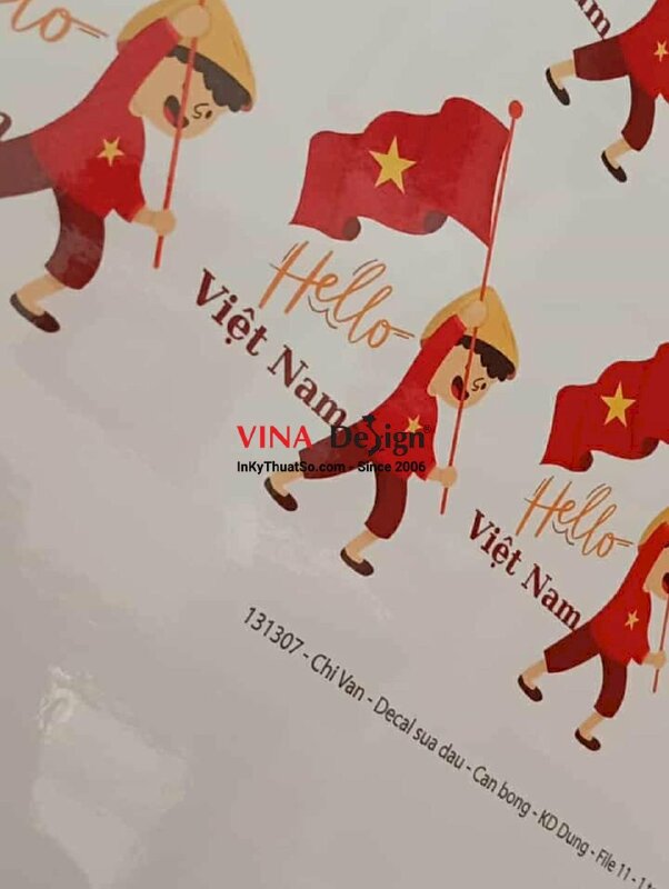 In sticker Tết Trung thu, sticker cậu bé cầm cờ Hello Việt Nam, tem Decal sữa có bế theo viền - INKTS1994