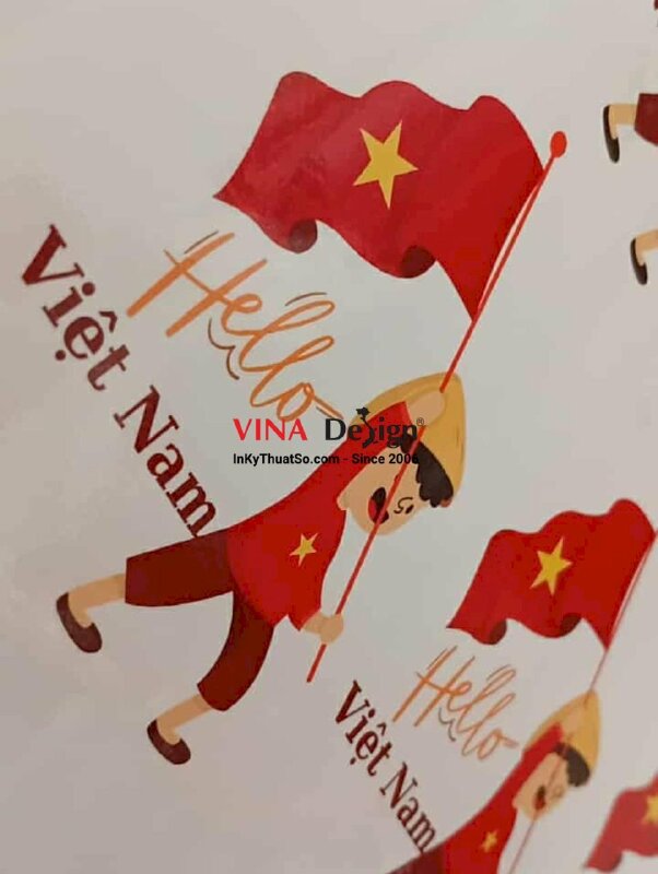 In sticker Tết Trung thu, sticker cậu bé cầm cờ Hello Việt Nam, tem Decal sữa có bế theo viền - INKTS1994
