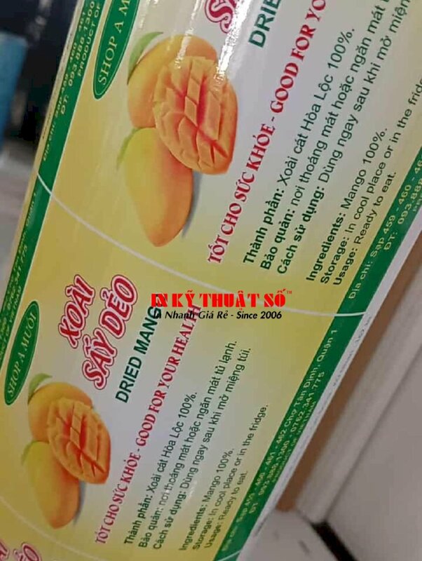 In tem nhãn xoài sấy dẻo Decal sữa in mực dầu, cán màng bóng, bế theo viền - INKTS3029
