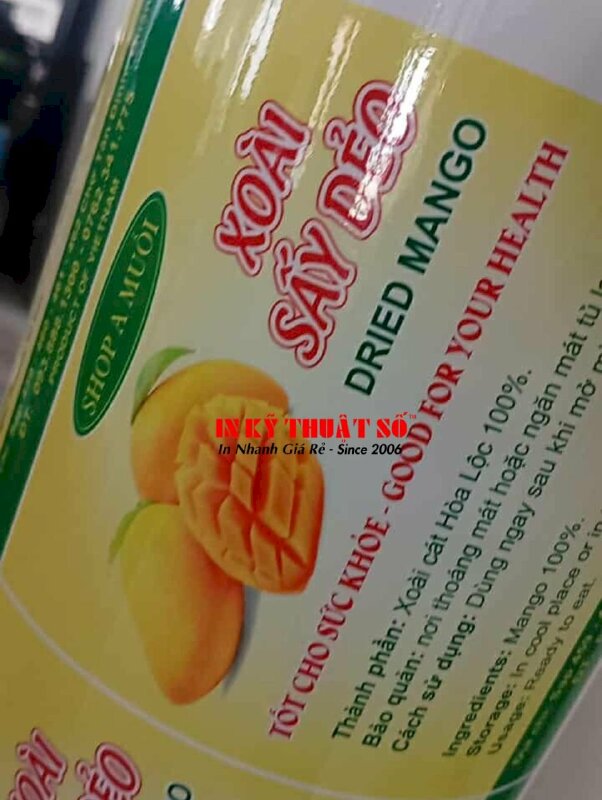 In tem nhãn xoài sấy dẻo Decal sữa in mực dầu, cán màng bóng, bế theo viền - INKTS3029
