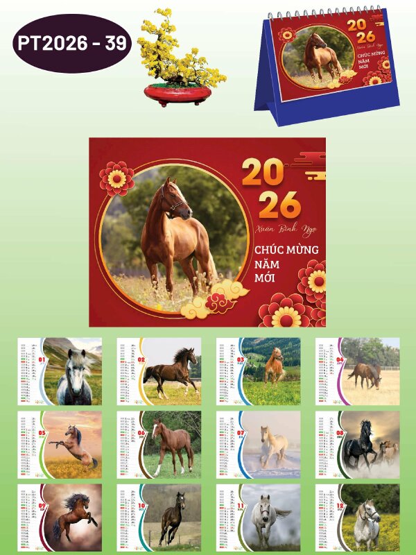 Lịch để bàn hình ngựa phi nước đại Mã Đáo Thành Công - Mã PT2026-39 - INKTS2343