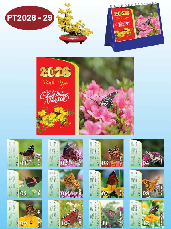 Lịch để bàn vạn xuân thiết kế chủ đề Cánh Bướm Mùa Xuân - Mã PT2026-29 - INKTS2333