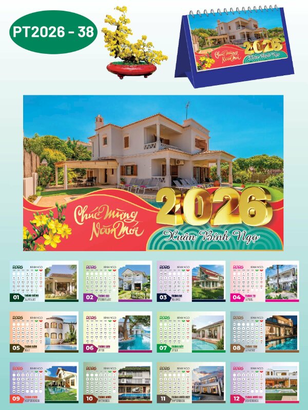 Lịch để bàn Villa Biệt Thự Nhà Đẹp thiết kế theo yêu cầu - Mã PT2026-38 - INKTS2342