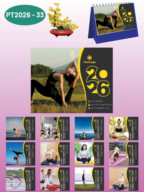 Nhà in lịch Tết để bàn chữ A thiết kế chủ đề Yoga - Mã PT2026-33 - INKTS2337