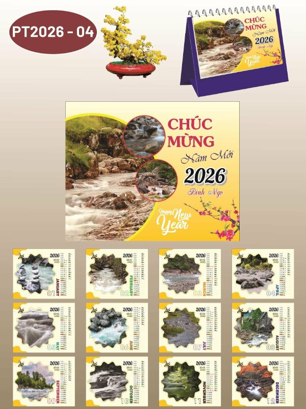 Thiết kế in lịch Tết chữ A để bàn chủ đề Thác Nước - Mã PT2026-04 - INKTS2308