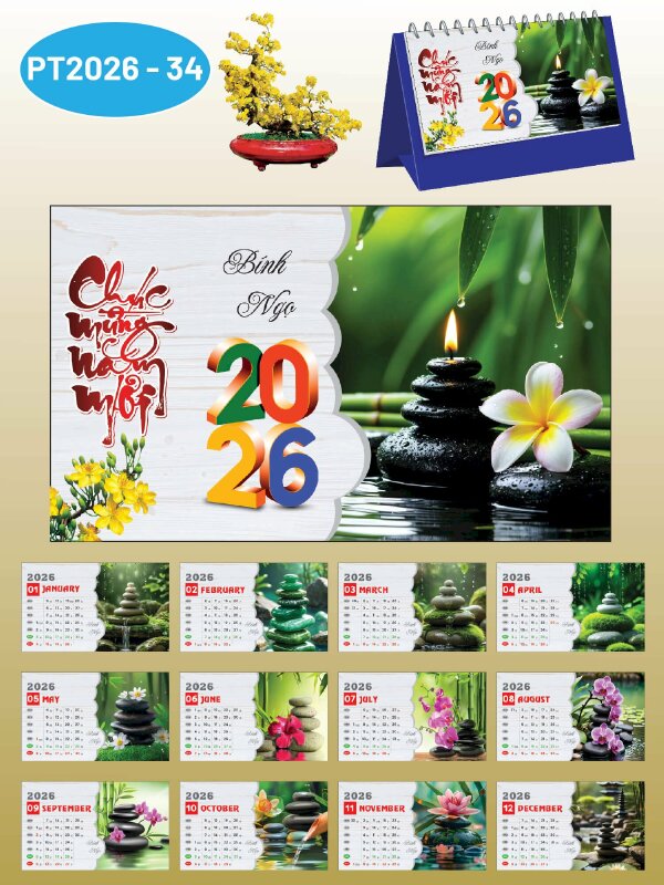 Thiết kế và in ấn lịch Tết chữ A để bàn chủ đề Relax Spa Dưỡng Sinh - Mã PT2026-34 - INKTS2338
