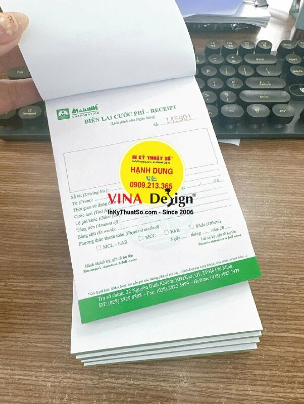 In biên lai cước phí giấy Carboless 2 liên trắng hồng khổ nhỏ, cấn răng cưa 1 đường - INKTS3622