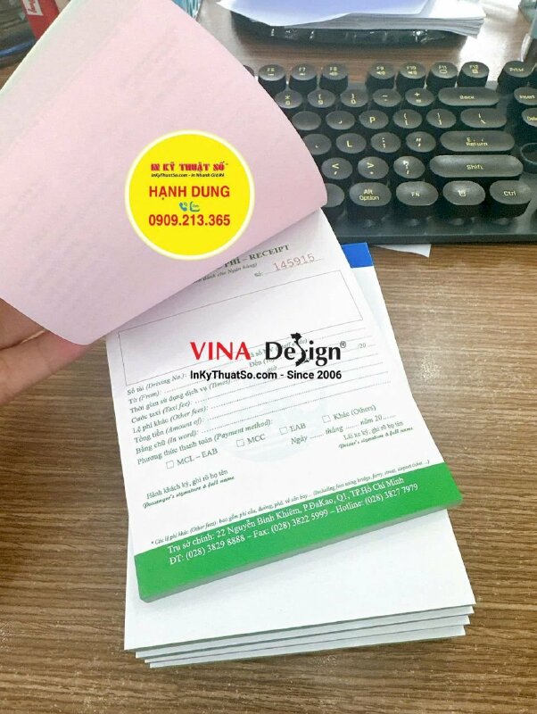 In biên lai cước phí giấy Carboless 2 liên trắng hồng khổ nhỏ, cấn răng cưa 1 đường - INKTS3622