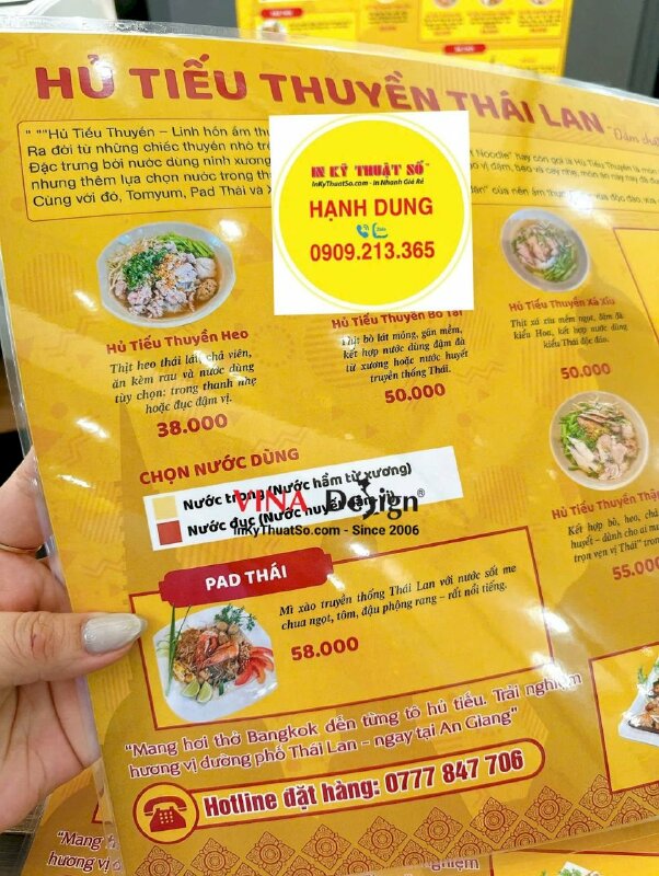 In menu quán Hủ tiếu thuyền Thái Lan, tờ menu A3 ép plastic 2 mặt nội dung giống nhau - INKTS3621
