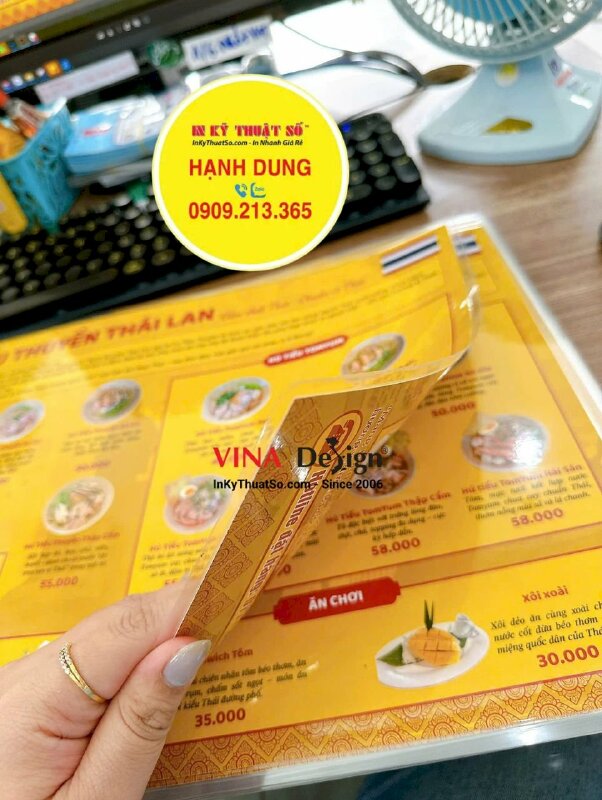 In menu quán Hủ tiếu thuyền Thái Lan, tờ menu A3 ép plastic 2 mặt nội dung giống nhau - INKTS3621