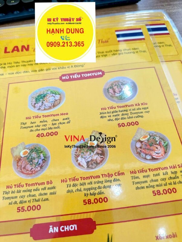 In menu quán Hủ tiếu thuyền Thái Lan, tờ menu A3 ép plastic 2 mặt nội dung giống nhau - INKTS3621