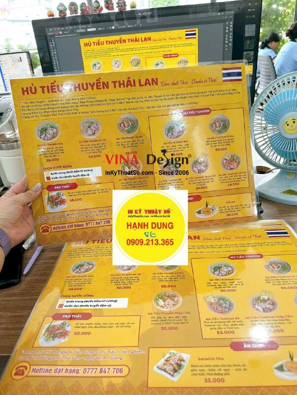 In menu quán Hủ tiếu thuyền Thái Lan, tờ menu A3 ép plastic 2 mặt nội dung giống nhau - INKTS3621
