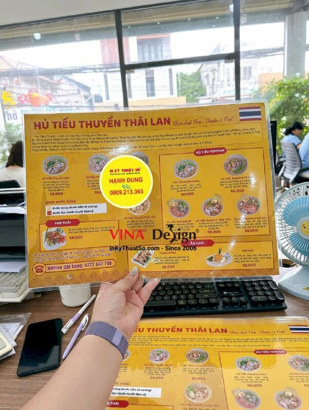 In menu quán Hủ tiếu thuyền Thái Lan, tờ menu A3 ép plastic 2 mặt nội dung giống nhau - INKTS3621
