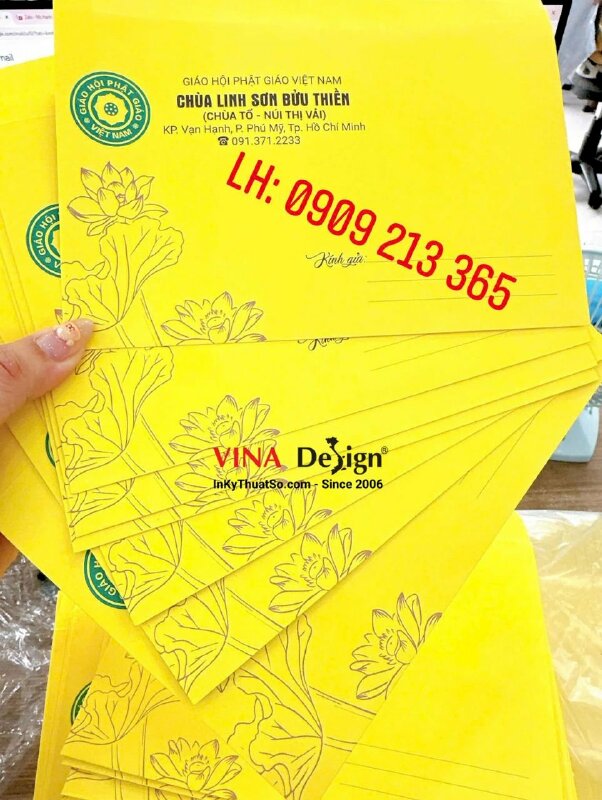 In phong bì thư cúng dường cho nhà Chùa, bao thư vàng giấy Ford - INKTS3617