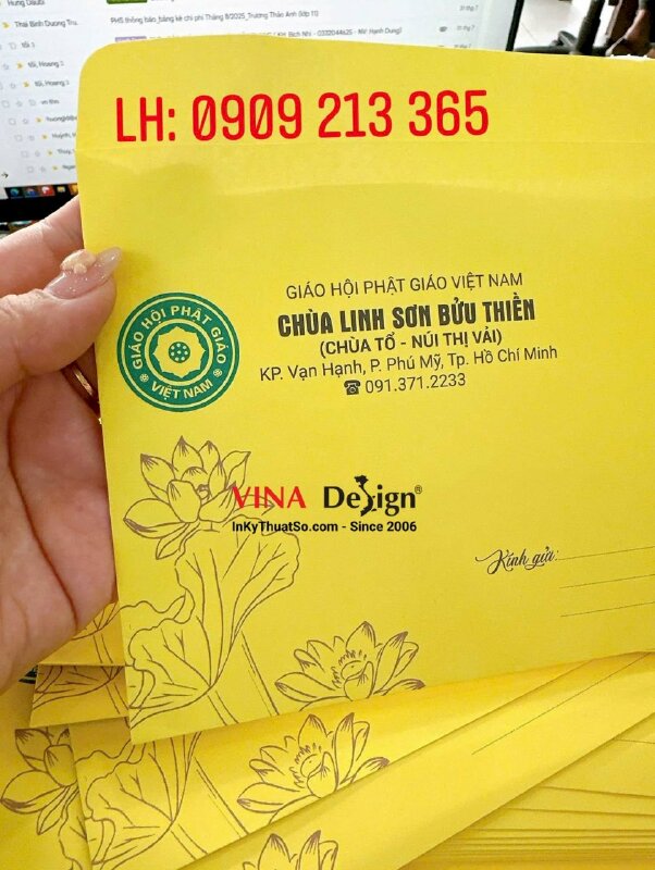In phong bì thư cúng dường cho nhà Chùa, bao thư vàng giấy Ford - INKTS3617