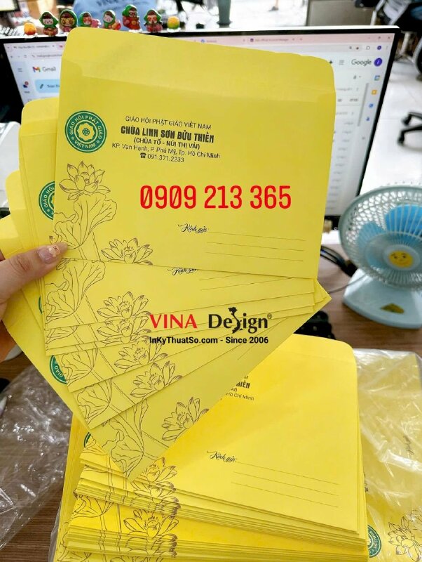 In phong bì thư cúng dường cho nhà Chùa, bao thư vàng giấy Ford - INKTS3617
