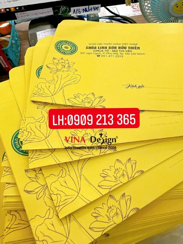 In phong bì thư cúng dường cho nhà Chùa, bao thư vàng giấy Ford - INKTS3617