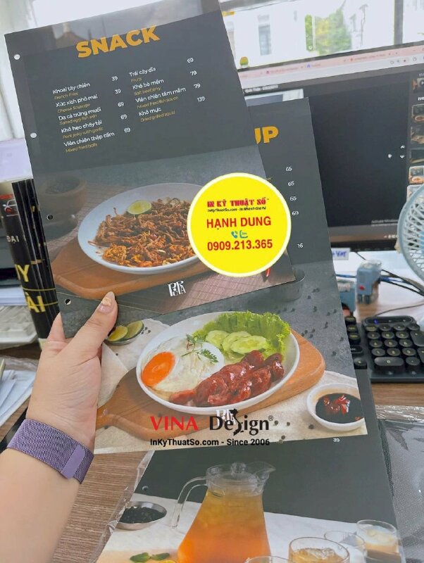 In ruột menu giấy bồi 2 lớp cứng cáp, cán mờ, dập lỗ khách về tự gắn vào bìa da - INKTS3647