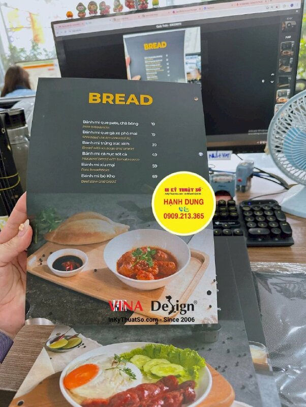 In ruột menu giấy bồi 2 lớp cứng cáp, cán mờ, dập lỗ khách về tự gắn vào bìa da - INKTS3647
