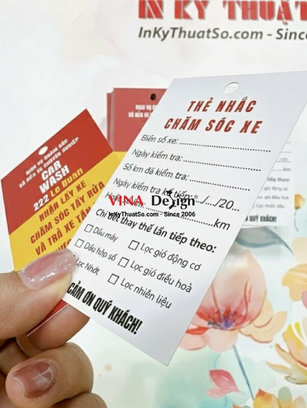 In thẻ nhắc chăm sóc xe, thẻ giấy C300gsm 9x5.4cm, bấm lỗ tròn, hàng gửi đi Quảng Trị từ TPHCM - INKTS1237